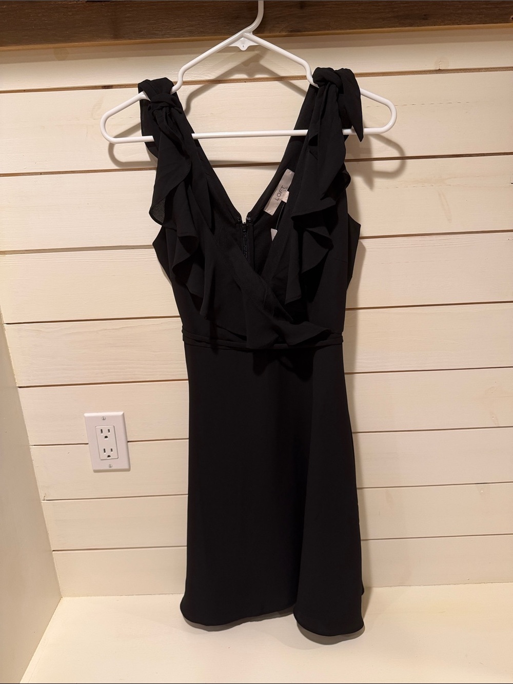LOFT Black Ruffle V-Neck Tie-Shoulder Dress